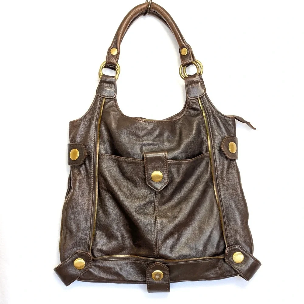 APC Brown Leather Hobo Shoulder Bag Brass Hardware Zipper Detail Expandable Tote